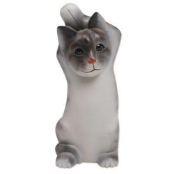 Skyward Paws,'Whimsical Wood Cat Sculpture in Grey and White from Bali'