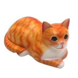 Lying Cat in Orange,'Signed Wood Sculpture of a Lying Cat in Orange from Bali'