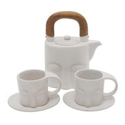 Peaceful Visage,'Matte White Ceramic and Teak Six-Piece Tea Set'