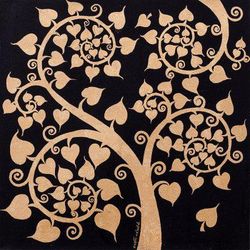 Golden Bodhi Purity,'Traditional Art Gold on Black Buddhism Painting Thailand'