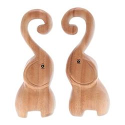 Twin Elephant Heart,'Set of 2 Handmade Romantic Elephant Raintree Wood Sculptures'