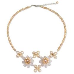 Cultured pearl and rose quartz flower necklace, 'Quintet'