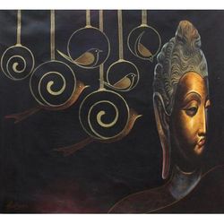 'Buddha in the Golden Age' Original India Fine Art Painting of Buddha and Birds