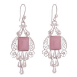Pink Tulip,'Handcrafted Fine Silver and Rose Quartz Dangle Earrings'