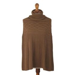 Natural Sepia,'Braided Detail Brown Alpaca Blend Poncho from Peru'