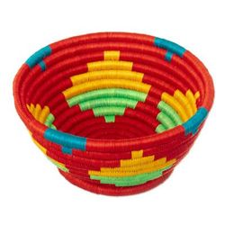 Guacamayas Summer,'Red Natural Fiber Decorative Bowl with Geometric Motifs'