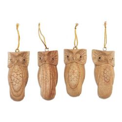 'Set of 4 Hand-Carved Jempinis Wood Owl Ornaments from Bali'