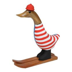 Skiing for America,'Handcrafted Bamboo Root and Teak Wood Skiing Duck Figurine'