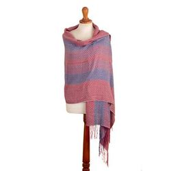 Striped Joy,'Knit Baby Alpaca Blend Striped Shawl in Red Wine and Blue'