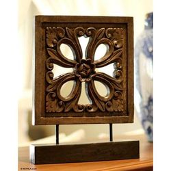 Wood sculpture, 'Floral Square' - Thai Wood Sculpture
