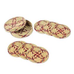 Purple Eco,'Set of 6 Purple and Red Natural Fiber Coasters from Mexico'
