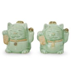 'Fortune Cats' (pair) - Handcrafted Celadon Ceramic Sculptures