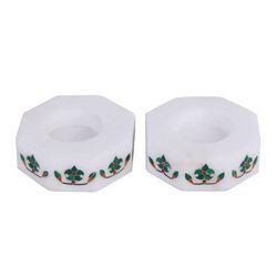 Floral Alliance in Green,'Octagon Marble Tealight Holder with Green Buds (Pair)'