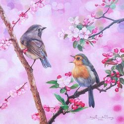 Sweet Bird,'Acrylic on Canvas Realist Bird and Flower Painting'
