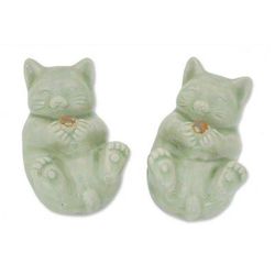 'Playful Kitties' (pair) - Celadon Ceramic Cat Statuettes