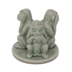 'Green Monkeys Shun Evil' - Artisan Crafted Ceramic Monkey Sculpture