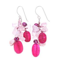Magenta Balloon,'Rose Quartz Freshwater Pearl Dangle Earrings'