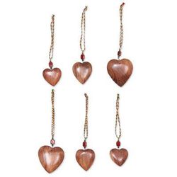 Wood ornaments, 'Hearts of Happiness' (set of 6)