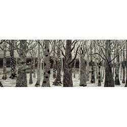 Volatile,'Black and White Forest Linocut Print with 10k Gold Leaf'