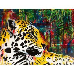 'Signed Expressionist Jungle-Themed Oil Painting of a Jaguar'