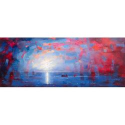 Sunset II,'Ocean-Themed Expressionist Painting in Blue from Peru'
