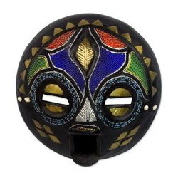 Zambian wood mask, 'My Bride' - Hand Beaded Wood Mask