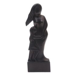 Mother and Daughter in Black,'Hand Carved Black Wood Sculpture of Mother and Daughter'