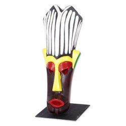'Hand-Painted African Wood Mask on Steel Stand from Ghana'