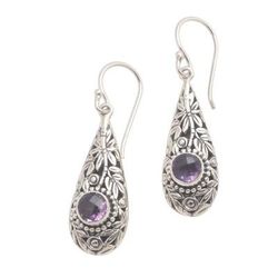 Bamboo Garden,'Bamboo Motif Dangle Earrings with Amethyst'