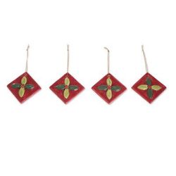 Mistletoe,'Green and Red Ceramic Mistletoe Ornaments (Set of 4)'