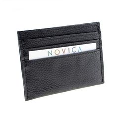 Businessman in Black,'Lined Leather Card Holder in Black with 1 Pocket and 6 Slots'