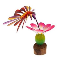 Happy Hummingbird,'Handmade Floral Wood Bird Sculpture'