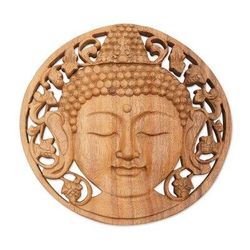 Berry Buddha,'Handcrafted Suar Wood Buddha Relief Panel from Bali'