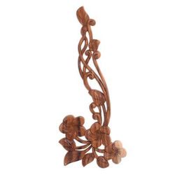 Frangipani Flourish,'Hand Carved Floral Suar Wood Wall Relief Panel'