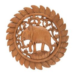 'Traditional Elephant-Themed Suar Wood Relief Panel from Bali'