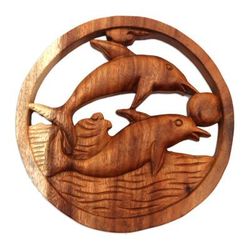 Fun with Dolphins,'Hand Carved Suar Wood Dolphin Relief Panel from Bali'