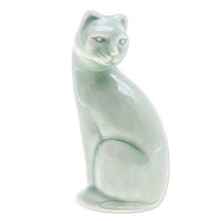 'Green Celadon Ceramic Cat Figurine Hand-Crafted in Thailand'