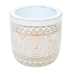 'Hand-Carved Wood Decorative Vase with Distressed Finish'