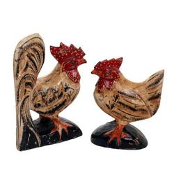 Chicken Couple in Beige,'Hand Carved Wood Chicken Sculptures in Beige (Pair)'