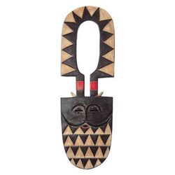 Dynamic Cheer,'Brown Cream and Red Accent African Wood Decorative Wall Mask'