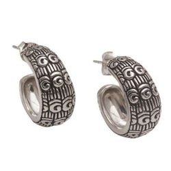 'Samsi Motif Sterling Silver Half-Hoop Earrings from Bali'