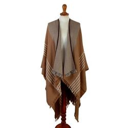 Night Dunes,'Fringed and Suede Trimmed Baby Alpaca Ruana in Brown & Grey'