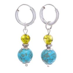 Chic Duo,'Silver Hoop Earrings with Reconstituted Turquoise & Quartz'
