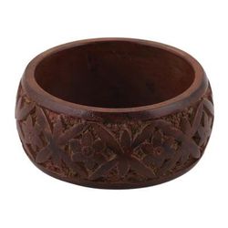 Hand Carved Floral Motif Wood Bangle Bracelet from India 'Connected Garden'
