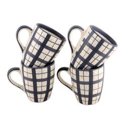 Windowpane,'Dark Blue Off and White Ceramic Mugs (Set of 4)'