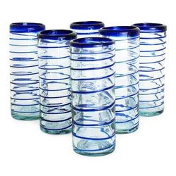 Cobalt Spiral,'Hand Blown Drinking Glasses Blue Accent Set of 6'