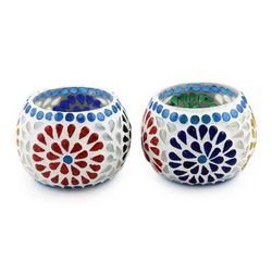 Ambient Flowers,'Hand Crafted Glass Mosaic Tealight Holders (Pair)'