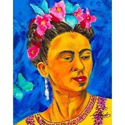Frida Contemplating,'Acrylic and Watercolor Painting of Frida Kahlo in Bold Color'