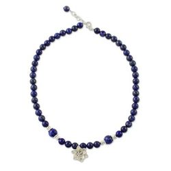 Sophisticated Lily,'Lapis Lazuli Beaded Necklace with Karen Silver Lily Pendant'