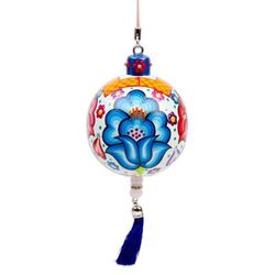 'Hand-Painted Floral Copal Wood Ornament in a White Base Hue'